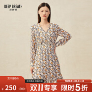 深呼吸DEEP BREATH女裝印花造型洋裝高腰雪紡連衣裙A500189 杏底藍(lán)花 S (2碼)
