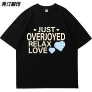 風鳶花向涵之同款美式甜酷風星星字母印花t恤短袖夏季寬松顯瘦上衣服 黑色 純棉 短袖 S 80-100斤