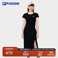 FILA FUSION斐樂潮牌女子針織連衣裙簡約修身開衩長款裙子 正黑色-BK XS (155) 76A