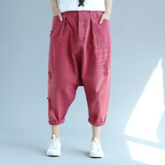 2025哈倫女寬松牛仔褲女寬松牛仔吊襠褲哈倫垮褲秋流浪記 紅色 均碼