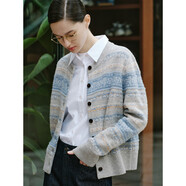 卓凡尼·華倫天奴（GIOVANNI VALENTINO）春秋季全羊毛針織開(kāi)衫女休閑氣質(zhì)通勤條紋毛衣 淺灰 M