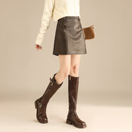 TERRE BLEUE半身裙女2025年新款秋季復古高腰A字簡(jiǎn)約百搭酷颯皮裙含腰帶