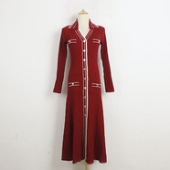 booroola拼色女裙針織連衣裙2025早秋新款港風(fēng)復古修身氣質(zhì)翻領(lǐng)長(cháng)裙 (S扣翻V領(lǐng)拼色長(cháng)袖裙 QY) 酒紅 S