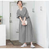 鷺枕（LUZHEN）現(xiàn)貨2024新款日韓格紋A字型襯衫連衣裙V領(lǐng)泡泡袖寬 黑白格 M