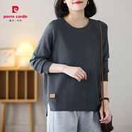皮爾卡丹（pierre cardin）新款圓領(lǐng)毛衣女寬松韓版新款開叉大碼遮肚顯瘦直筒上衣打底針織衫 灰藍(lán)色 S 90斤以下