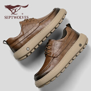 七匹狼（SEPTWOLVES）皮面板鞋男款2025秋季新款潮鞋工裝休閑皮鞋厚底增高軟底工作男鞋 紅棕 41