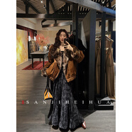 三吉黑花【暮染】國風(fēng)雪尼爾百褶裙子女A字半身裙冬長(cháng)款2025新款 灰黑 S