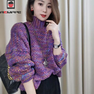 AEMAPEins網(wǎng)紅時(shí)髦氣質(zhì)休閑高領(lǐng)花線(xiàn)毛衣女歐洲站2025新款套頭針織衫女 紫色 L