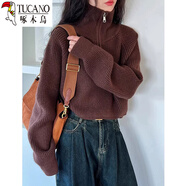 啄木鳥(niǎo)（TUCANO）美式復古毛衣女2025冬季新款外搭甜酷風(fēng)蝙蝠袖半拉鏈休閑套頭上衣 咖色 S 【80斤-90斤穿】