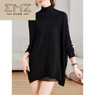 鄂爾多斯（EMZ）秋冬衫半高領(lǐng)寬松打底衫中長(cháng)款套頭蝙蝠袖毛衣女 黑色 M  90-110斤