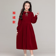 景怡依2025新款青少年初中生女童大童女孩衣服加厚秋裝秋冬季裙子連衣裙 酒紅色 (加絨冬款） 160