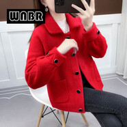 WNBR高端仿貂絨外套女2025秋冬新款時(shí)尚百搭小個(gè)子保暖毛呢開(kāi)衫上衣 紅色 L 【建議105-115斤】