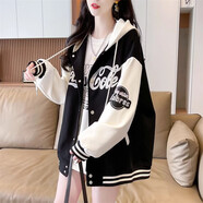 早春拼色棒球服外套女春秋薄款2025新款上衣寬松小個(gè)子開衫衛(wèi)衣潮 黑色(薄款) M (適合80-110斤)