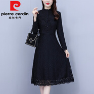 皮爾卡丹（pierre cardin）高端大氣蕾絲連衣裙簡約百搭大衣內(nèi)搭裙子加絨加厚顯瘦保暖打底裙 黑色春秋款 M (建議85-100斤)