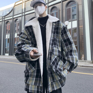 賓迪肯（BINDIKEN）美式復古外套男秋冬季羊羔毛棉服加絨加厚小香風(fēng)寬松格子棉衣潮牌 M166黑色（羊羔毛加厚） XL （145-160斤）