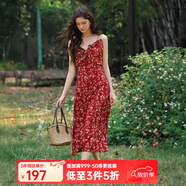 Olrain歐芮兒吊帶碎花連衣裙夏季女裝浪漫優(yōu)雅長(cháng)裙子度假沙灘裙 紅色印花 XL