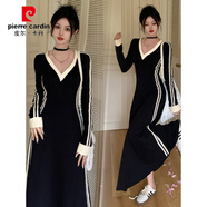 皮爾卡丹大碼胖mm秋冬季條紋V領(lǐng)長袖t恤打底裙連衣裙女韓版感a字長裙子女 黑色 XL 【建議125-140斤】