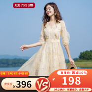 煙花燙收腰顯瘦氣質(zhì)連衣裙女2025年秋裝新款v領(lǐng)溫柔風(fēng)網(wǎng)紗法式裙子 絲音 黃色印花 XXL
