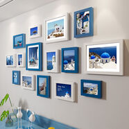 接運貓照片墻裝飾免打孔相片客廳背景墻裝飾相框掛墻墻上相冊墻創(chuàng)意組合 15框-藍白混搭+地中海畫芯