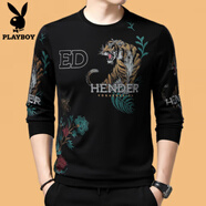 花花公子（PLAYBOY）2025新款男士t恤長袖圓領(lǐng)印花老虎頭春秋薄款純棉衛(wèi)衣打底衫秋衣 1828春秋 常規(guī) M 165體重90-115斤