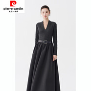 皮爾卡丹設計感V領(lǐng)長(cháng)袖連衣裙女2025秋季收腰顯瘦配皮帶針織拼接氣質(zhì)長(cháng)裙 灰色 S