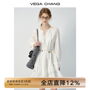 VEGA CHANG白色連衣裙女2025春秋新款法式V領(lǐng)長袖高級(jí)感蕾絲裙子 云朵白（長袖） M