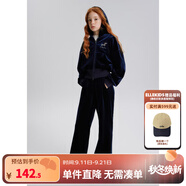 ELLE KIDS童裝 千禧風(fēng)繡花標(biāo)絲絨套裝女童春秋季連帽外套/松緊微喇褲可選 藏青色-褲子 150