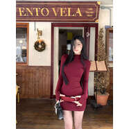 紅色半高領(lǐng)長(cháng)袖連衣裙女秋冬內搭打底裙彈力修身收腰裙子包臀短裙 紅色裙 L L