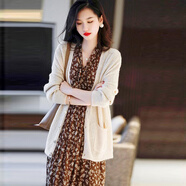 小紅書(shū)爆款歐洲站秋冬2025新款法式赫本風(fēng)長(cháng)袖碎花連衣裙針織開(kāi)衫 米黃色毛衣+棕色碎花裙 M 均碼