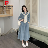 皮爾卡丹（pierre cardin）港風(fēng)復古披肩牛仔連衣裙女2025春季新款超好看減齡收腰顯瘦襯衫裙 牛仔藍 L