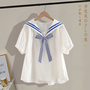小紅書(shū)爆款韓國風(fēng)格初高中女生時(shí)尚海軍領(lǐng)短袖襯衫休閑褲套裝 條紋白底蝴蝶結短袖 M[95-105斤] 均碼