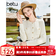 百圖betu女裝秋新款毛針織衫圓領(lǐng)長袖小香風(fēng)針織開衫女2308T01 米白 L