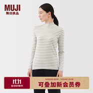 無印良品（MUJI）女式 起毛羅紋編織半高領長袖T恤 上衣打底衫女款內(nèi)搭春秋女裝 米白色條紋 L （165/88A）