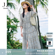 玖姿·安娜蔻優(yōu)雅民族風(fēng)多層雪紡蛋糕裙收腰連衣裙女2025夏季新款 花紋藍色 M