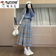 啄木鳥（TUCANO）毛呢格子裙女秋冬季2025新款復(fù)古a字顯瘦中長款蛋糕裙圣誕半身裙 復(fù)古淺藍 S 【95斤以內(nèi)】