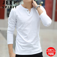 JEEP SPIRIT吉普男士純棉長(cháng)袖t恤上衣服打底衫潮流春季內搭加絨秋衣t恤 長(cháng)扣白色 M