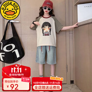 G.DUCKIDS女童夏裝套裝2025新款中大童韓版洋氣兒童裝薄款牛仔褲中褲兩件套 套裝原野綠T恤+牛仔褲無繩 140