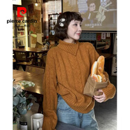 皮爾卡丹（pierre cardin）法式復(fù)古麻花高領(lǐng)套頭毛衣女秋冬新款寬松慵懶風(fēng)針織內(nèi)搭上衣加厚 橘色 均碼 80-125斤