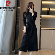 皮爾卡丹（pierre cardin）2025秋冬季長袖針織連衣裙中長款A字裙單排扣內搭毛衣赫本小黑裙 黑色 S