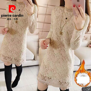 皮爾卡丹（pierre cardin）加絨加厚蕾絲中長(cháng)款t恤衫女秋冬新款修身長(cháng)袖內搭保暖打底連衣裙 卡其色（全身加絨） M