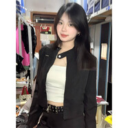 森馬美式辣妹黑色短款外套女春秋季新款修身感立領(lǐng)夾克長(cháng)袖上衣潮 黑色 森馬 S 建議80-95左右