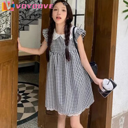 VOYDOVE黑白格子飛飛袖學(xué)院風(fēng)連衣裙女夏季蕾絲拼接寬松顯瘦A字裙短裙子 圖片色加長款 S 建議92斤內(nèi)穿
