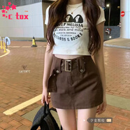 CTOX歐美辣妹牛仔半身裙褲女裝夏季2025年新款短裙防走光a字包臀裙子 咖啡#腰帶款短裙 【帶內襯】 S 85-95斤