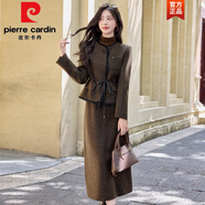 皮爾卡丹（pierre cardin）小香風(fēng)呢子亮片套裝連衣裙女秋冬款設計感顯瘦羊|毛呢半身裙兩件 深咖色 XL