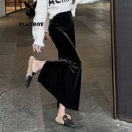 花花公子（PLAYBOY）黑色金絲絨半身裙2025秋冬長(cháng)裙高腰開(kāi)叉顯瘦中長(cháng)款復古一步裙子 黑色不加絨（裙長(cháng)83）官方旗艦版 S 建議80-95斤