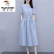 啄木鳥(niǎo)棉麻連衣裙亞麻裙子高檔短袖2025夏新款復古文藝女裝寬松遮肚子顯 天藍色 XL 【120-135斤】