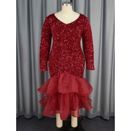 新款V領長袖亮片連衣裙性感風派對夜店網(wǎng)紗魚尾裙dress 紅色 M