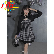 EPETlinjou2025春秋甜美雪紡開(kāi)衫套裝黑白格子吊帶連衣裙兩女裙子 單件開(kāi)衫+吊帶裙(套裝) S _建議80-95斤