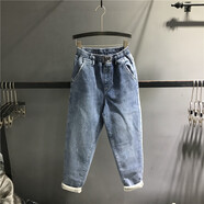 歐洲站2024冬季新款松緊腰加絨加厚老爹牛仔褲女寬松顯瘦哈倫垮褲 藍色 26