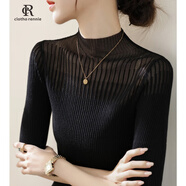 clotho Rennie品牌女裝T恤女2025春秋新款修身五分袖蕾絲網(wǎng)紗半高領(lǐng)針織打底衫 黑色 M